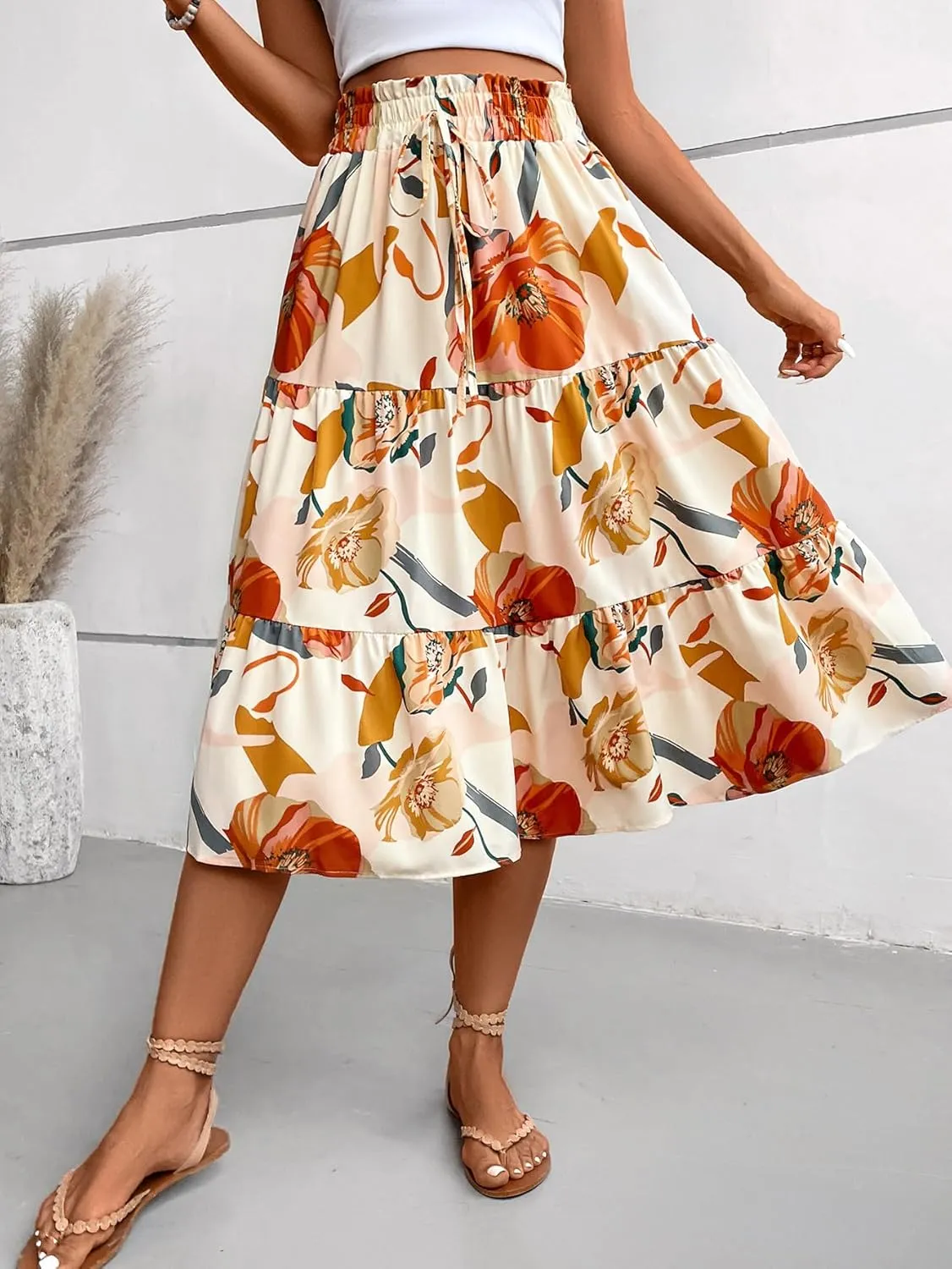 Midi Skirts for Women Trendy Floral Flowy Tiered Elastic High Waisted Skirt Summer Boho Beach A Line Ruffle Cute Skirts