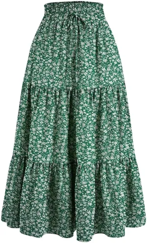 Midi Skirts for Women Trendy Floral Flowy Tiered Elastic High Waisted Skirt Summer Boho Beach A Line Ruffle Cute Skirts