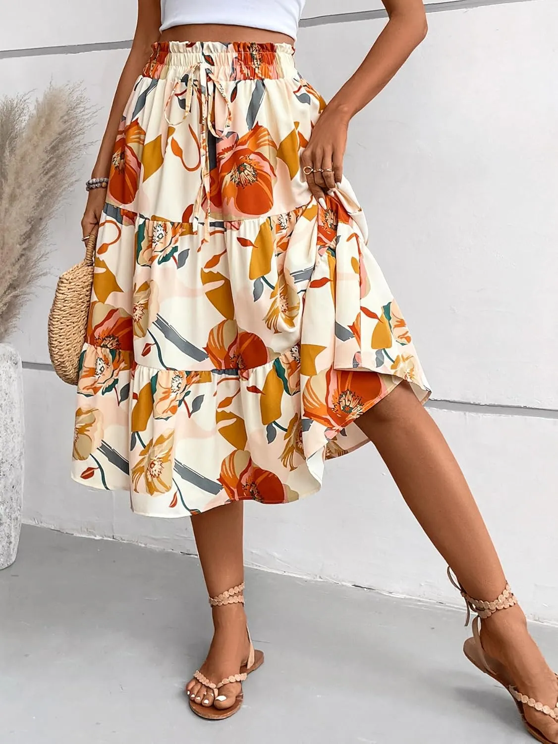 Midi Skirts for Women Trendy Floral Flowy Tiered Elastic High Waisted Skirt Summer Boho Beach A Line Ruffle Cute Skirts