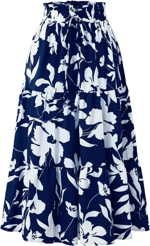 Midi Skirts for Women Trendy Floral Flowy Tiered Elastic High Waisted Skirt Summer Boho Beach A Line Ruffle Cute Skirts