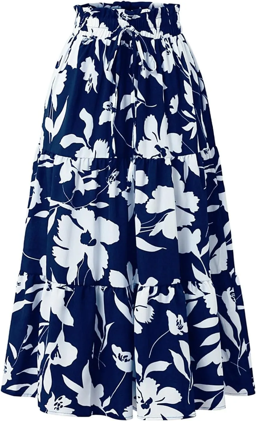 Midi Skirts for Women Trendy Floral Flowy Tiered Elastic High Waisted Skirt Summer Boho Beach A Line Ruffle Cute Skirts