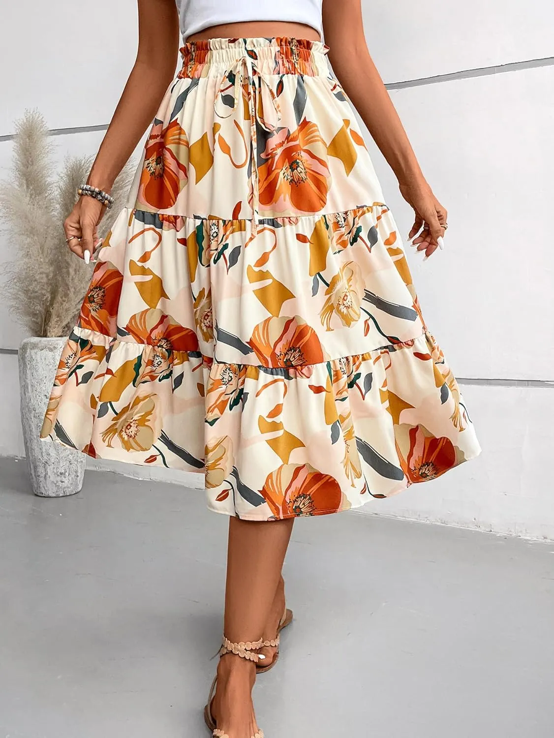 Midi Skirts for Women Trendy Floral Flowy Tiered Elastic High Waisted Skirt Summer Boho Beach A Line Ruffle Cute Skirts