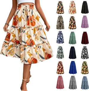 Midi Skirts for Women Trendy Floral Flowy Tiered Elastic High Waisted Skirt Summer Boho Beach A Line Ruffle Cute Skirts