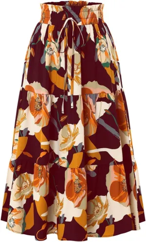 Midi Skirts for Women Trendy Floral Flowy Tiered Elastic High Waisted Skirt Summer Boho Beach A Line Ruffle Cute Skirts