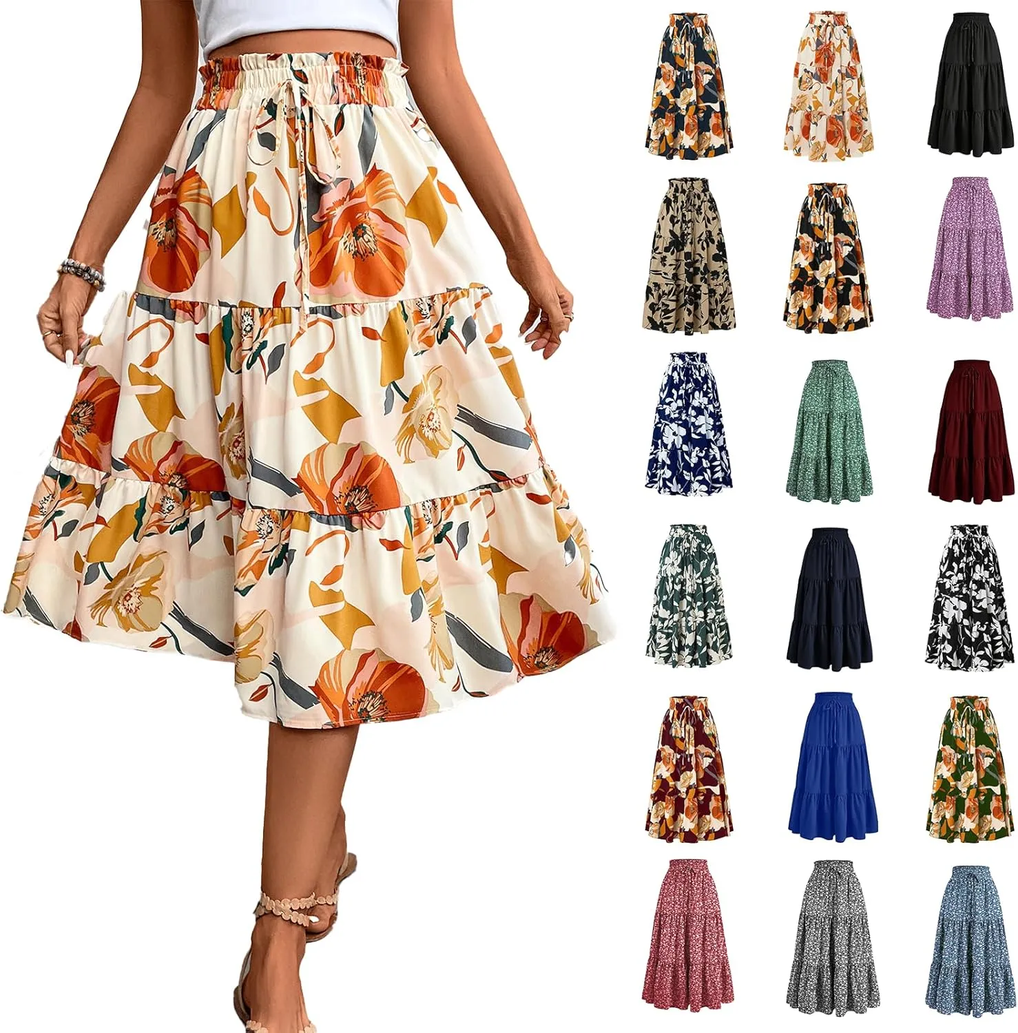 Midi Skirts for Women Trendy Floral Flowy Tiered Elastic High Waisted Skirt Summer Boho Beach A Line Ruffle Cute Skirts