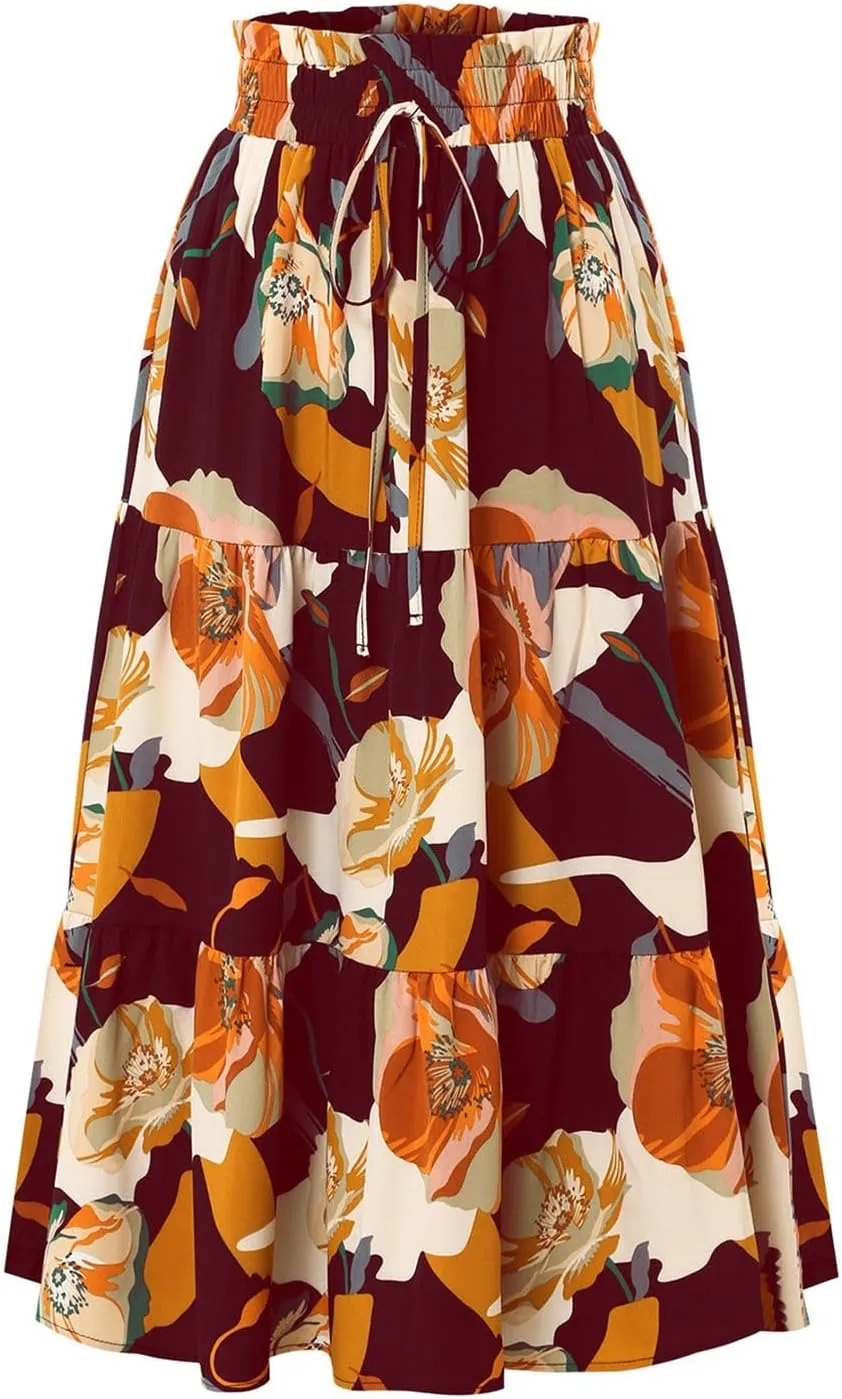 Midi Skirts for Women Trendy Floral Flowy Tiered Elastic High Waisted Skirt Summer Boho Beach A Line Ruffle Cute Skirts