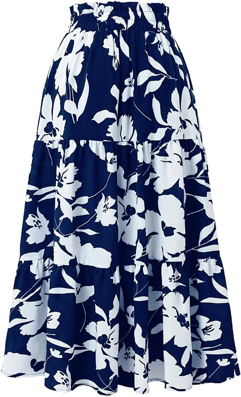 Midi Skirts for Women Trendy Floral Flowy Tiered Elastic High Waisted Skirt Summer Boho Beach A Line Ruffle Cute Skirts