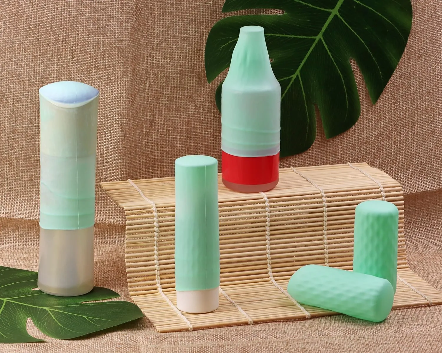Mini Skater 12pcs Silicone Travel Bottle Cover Reusable Elastic Sleeve Fit Standard Toiletry Container Stretching Bottle Lid Cap for Luggage Bag Suitcase Prevent Leakage Solution (Light Green)