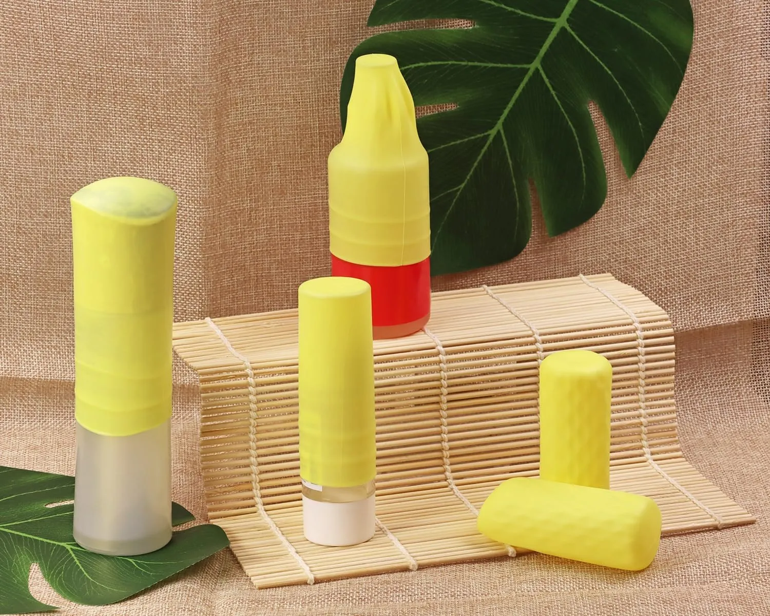 Mini Skater 12pcs Silicone Travel Bottle Cover Reusable Elastic Sleeve Fit Standard Toiletry Container Stretching Bottle Lid Cap for Luggage Bag Suitcase Prevent Leakage Solution (Yellow)