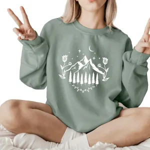 Mountain and Flowers wildflowers botanical plant Women's Long Sleeve Crewneck Sweatshirt flower Print Graphic Shirts Pullover Tops