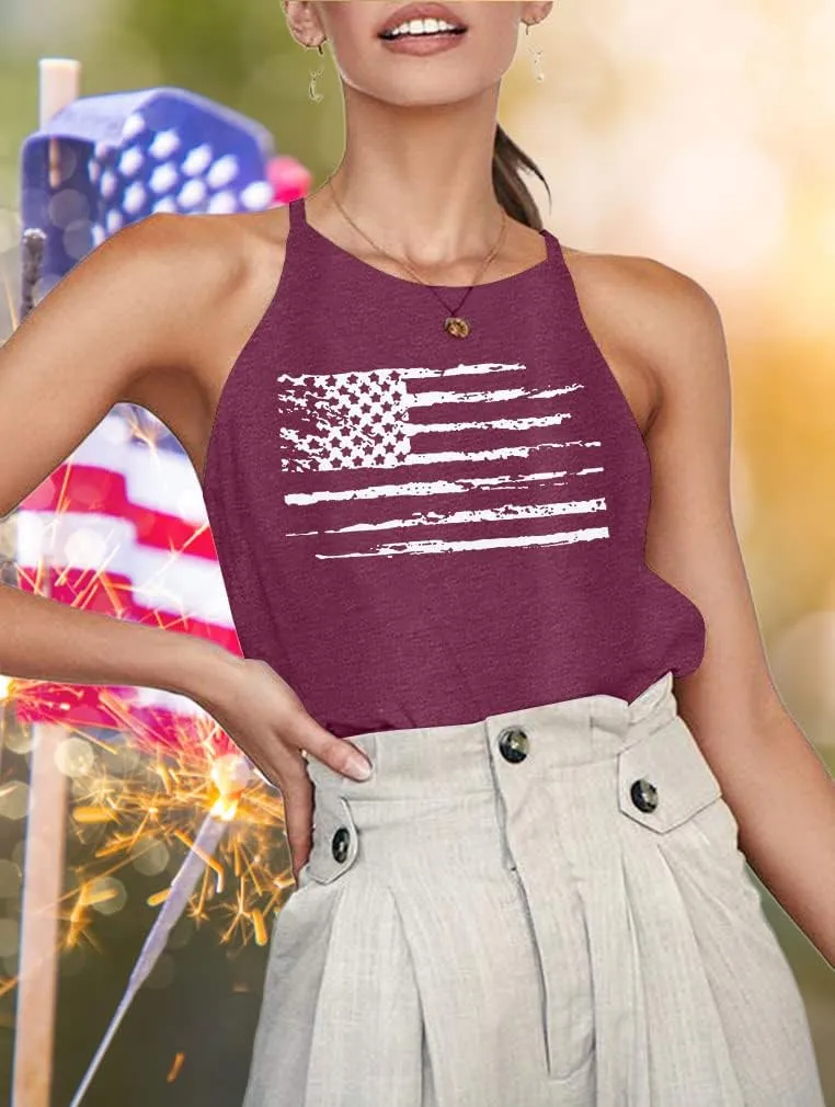 MOUSYA American Flag Halter Tank Tops for Women Patriotic 4th of July Shirts USA Stars Stripes Graphic Tees Tank Tops