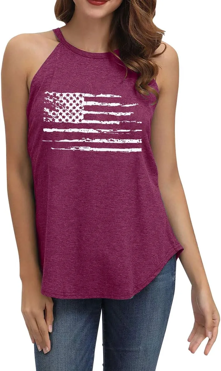 MOUSYA American Flag Halter Tank Tops for Women Patriotic 4th of July Shirts USA Stars Stripes Graphic Tees Tank Tops