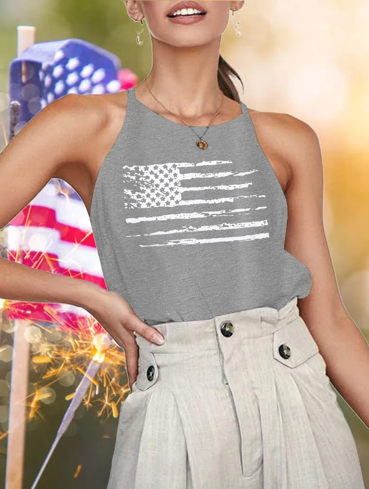 MOUSYA American Flag Halter Tank Tops for Women Patriotic 4th of July Shirts USA Stars Stripes Graphic Tees Tank Tops