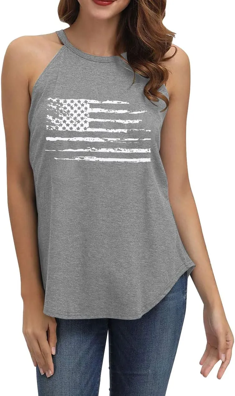 MOUSYA American Flag Halter Tank Tops for Women Patriotic 4th of July Shirts USA Stars Stripes Graphic Tees Tank Tops