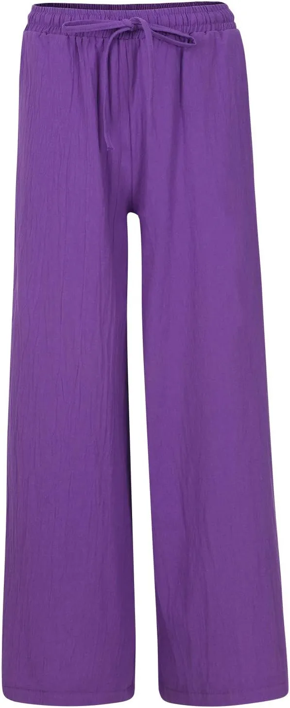 NATHGAM Women's Summer Palazzo Pants Cotton Linen Flowy Wide Leg Beach Vacation Pants Casual Loose Fit Trousers with Pockets