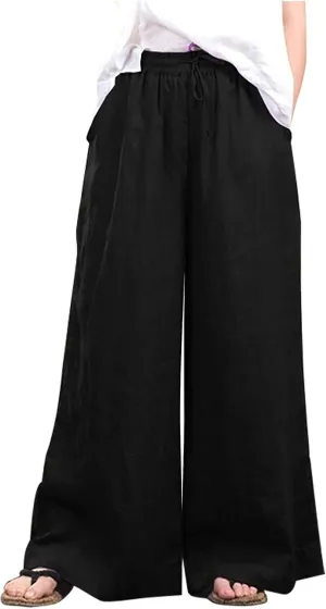 NATHGAM Women's Summer Palazzo Pants Cotton Linen Flowy Wide Leg Beach Vacation Pants Casual Loose Fit Trousers with Pockets