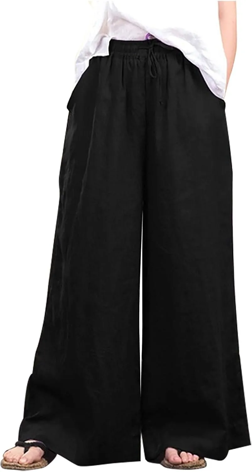 NATHGAM Women's Summer Palazzo Pants Cotton Linen Flowy Wide Leg Beach Vacation Pants Casual Loose Fit Trousers with Pockets