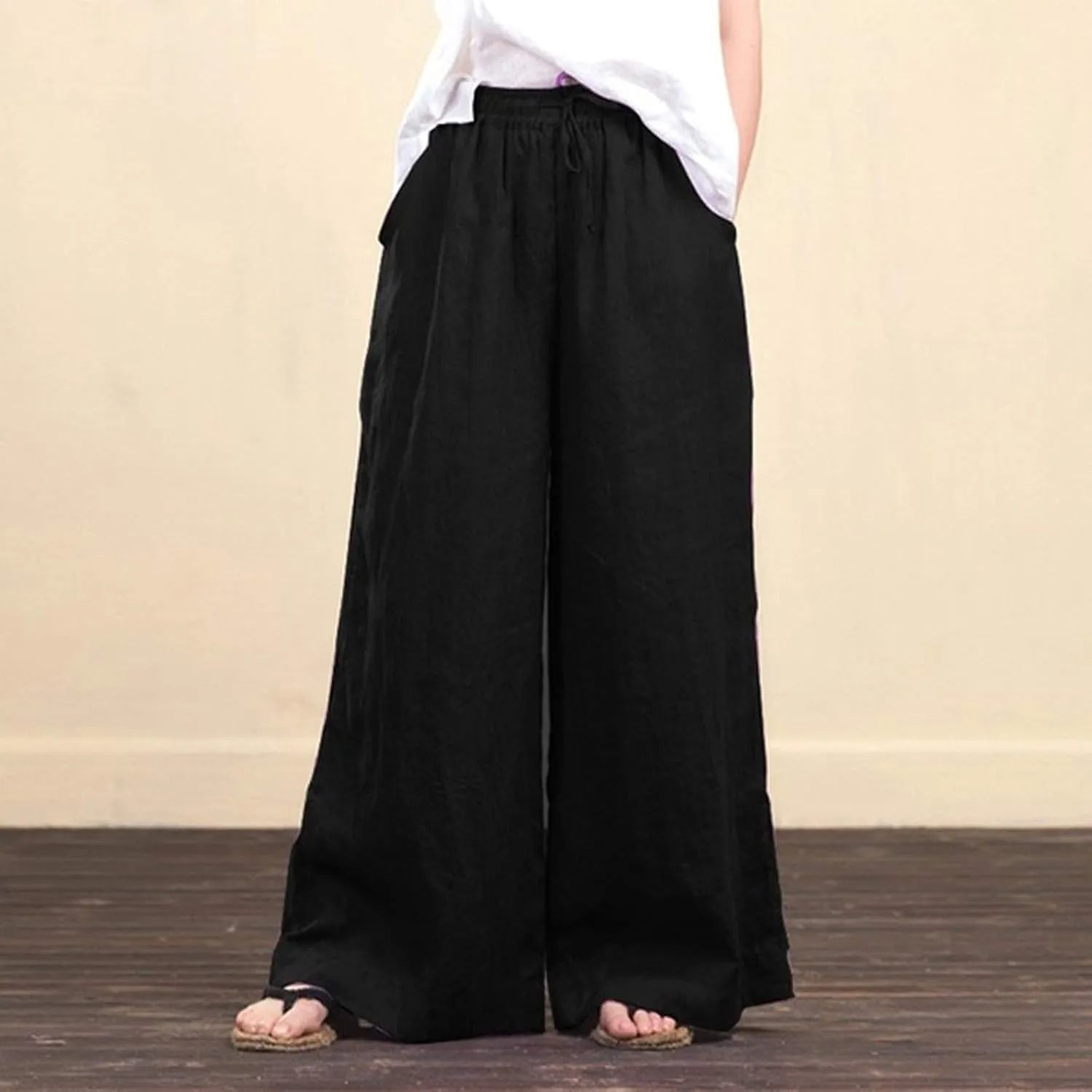 NATHGAM Women's Summer Palazzo Pants Cotton Linen Flowy Wide Leg Beach Vacation Pants Casual Loose Fit Trousers with Pockets