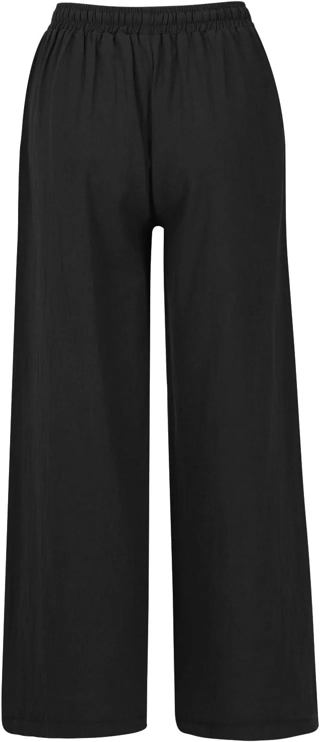 NATHGAM Women's Summer Palazzo Pants Cotton Linen Flowy Wide Leg Beach Vacation Pants Casual Loose Fit Trousers with Pockets