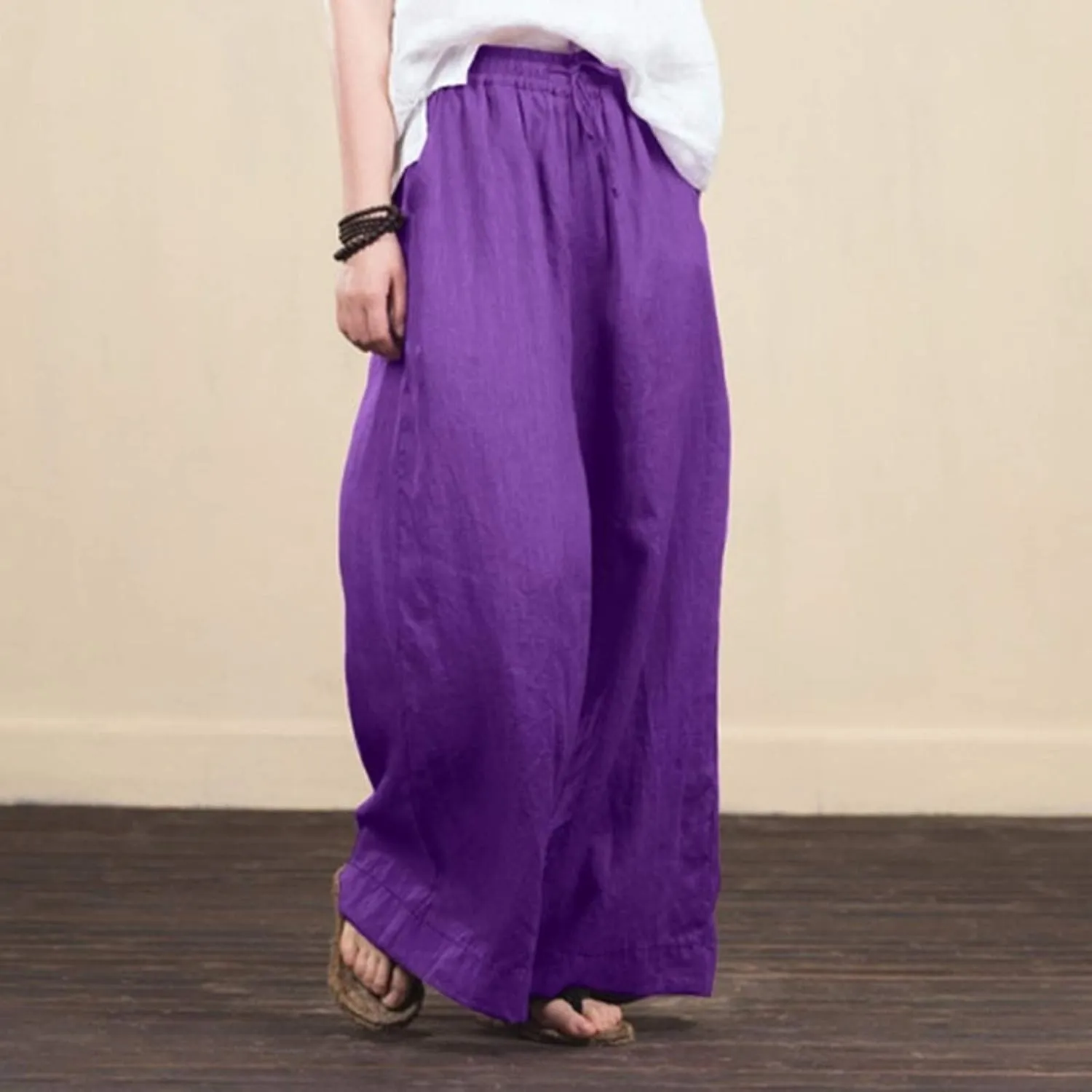 NATHGAM Women's Summer Palazzo Pants Cotton Linen Flowy Wide Leg Beach Vacation Pants Casual Loose Fit Trousers with Pockets