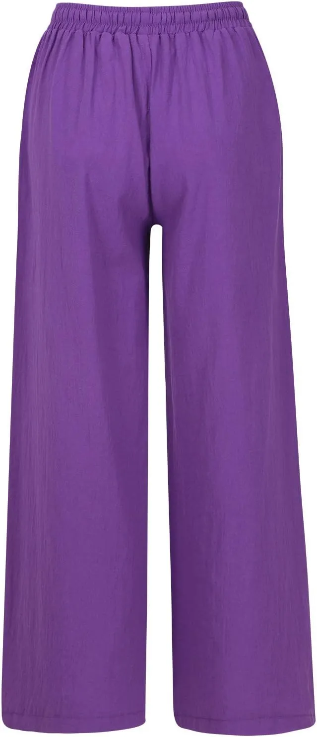 NATHGAM Women's Summer Palazzo Pants Cotton Linen Flowy Wide Leg Beach Vacation Pants Casual Loose Fit Trousers with Pockets