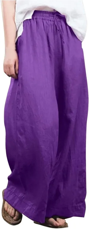 NATHGAM Women's Summer Palazzo Pants Cotton Linen Flowy Wide Leg Beach Vacation Pants Casual Loose Fit Trousers with Pockets