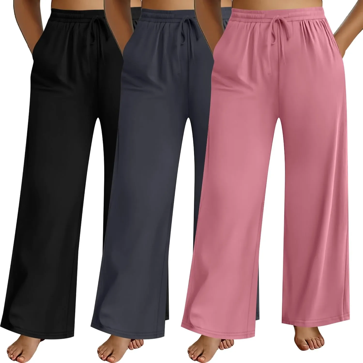 Neer 3 Pack Women's Plus Size Pants Wide Leg Lounge Yoga Pants Casual Baggy Drawstring High Waist Sweatpants with Pockets
