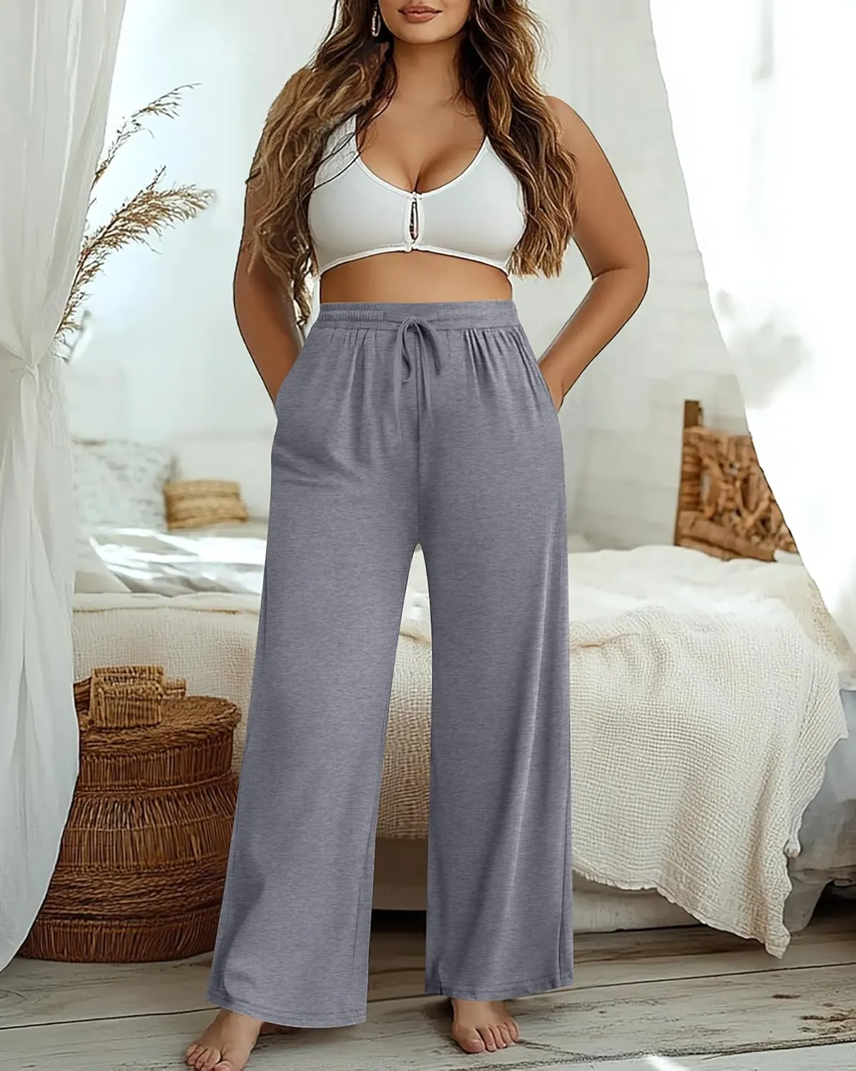 Neer 3 Pack Women's Plus Size Pants Wide Leg Lounge Yoga Pants Casual Baggy Drawstring High Waist Sweatpants with Pockets