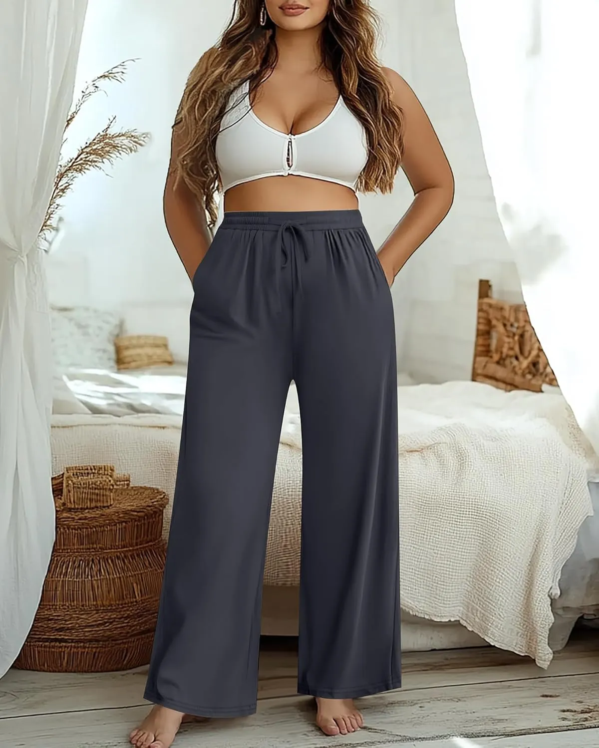 Neer 3 Pack Women's Plus Size Pants Wide Leg Lounge Yoga Pants Casual Baggy Drawstring High Waist Sweatpants with Pockets