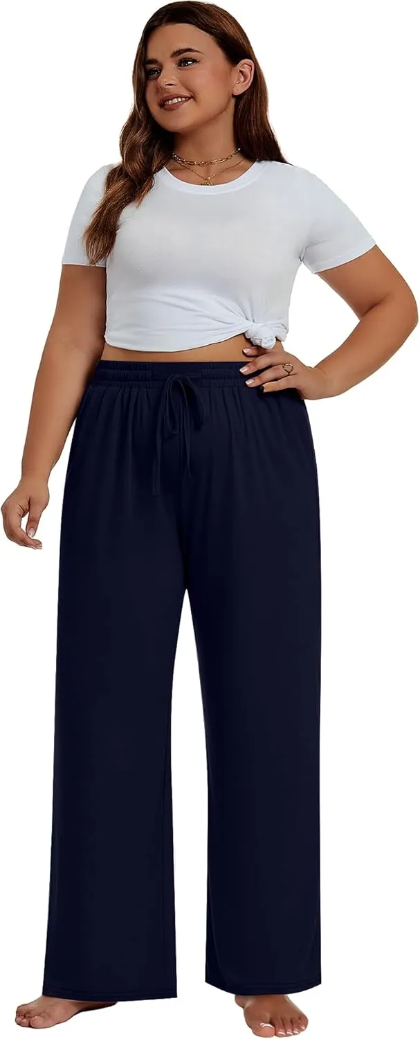Neer 3 Pack Women's Plus Size Pants Wide Leg Lounge Yoga Pants Casual Baggy Drawstring High Waist Sweatpants with Pockets