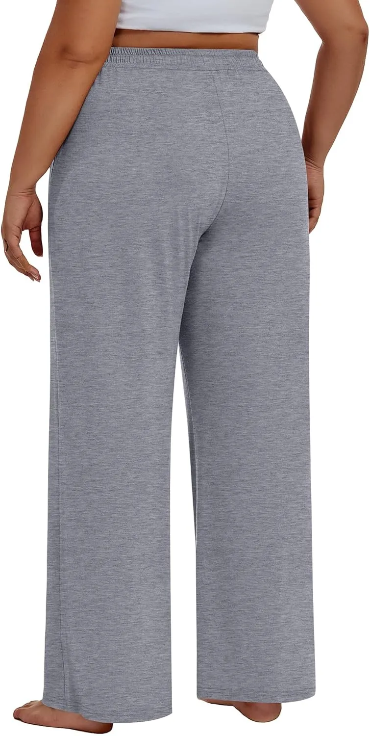 Neer 3 Pack Women's Plus Size Pants Wide Leg Lounge Yoga Pants Casual Baggy Drawstring High Waist Sweatpants with Pockets