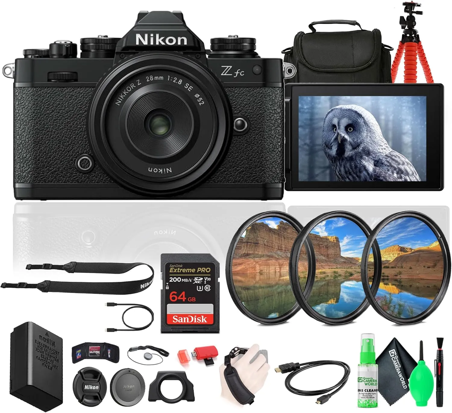 Nikon Z fc DX-Format Mirrorless Camera with NIKKOR Z 28mm f/2.8 (SE) Lens (1673B)   64GB Memory Card   Camera Bag   Flexible Tripod   Cleaning Kit   HDMI/Micro Cable   Hand Strap   More