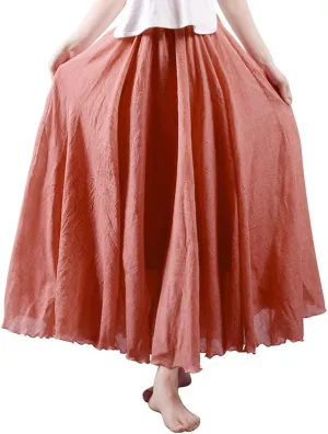 OCHENTA Women's Girls Elastic Waist Long Flowy Bohemian Cotton Casual Maxi Skirt for Summer Beach Holiday