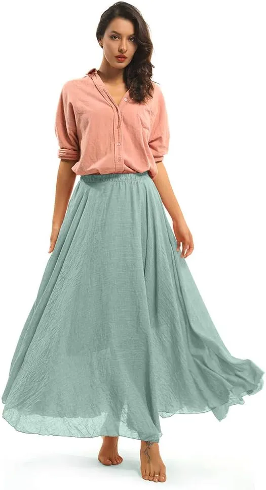 OCHENTA Women's Girls Elastic Waist Long Flowy Bohemian Cotton Casual Maxi Skirt for Summer Beach Holiday