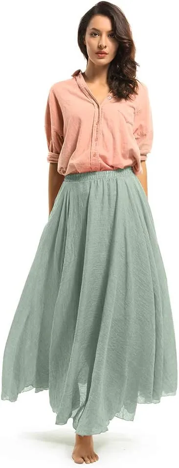 OCHENTA Women's Girls Elastic Waist Long Flowy Bohemian Cotton Casual Maxi Skirt for Summer Beach Holiday