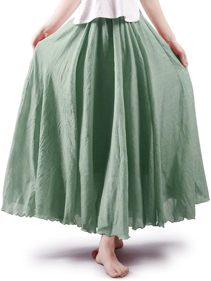 OCHENTA Women's Girls Elastic Waist Long Flowy Bohemian Cotton Casual Maxi Skirt for Summer Beach Holiday