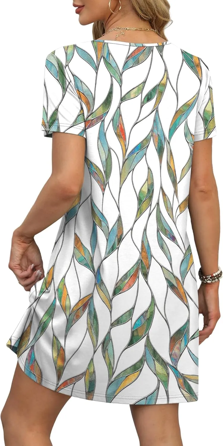 OFEEFAN Summer Dresses for Women 2025 Loose V Neck Short Sleeve Casual T Shirt Dress Sundresses Swimsuit Coverup with Pockets