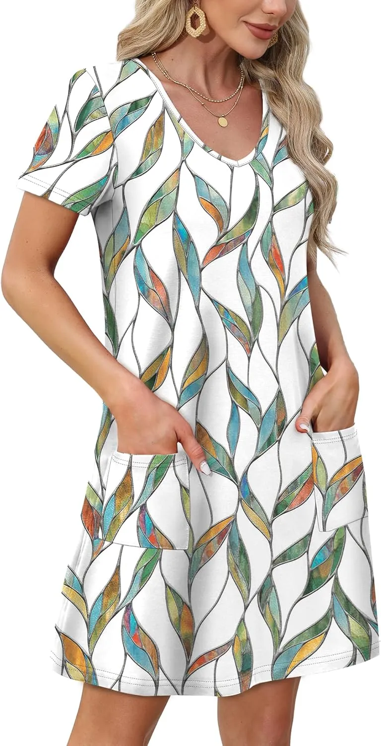 OFEEFAN Summer Dresses for Women 2025 Loose V Neck Short Sleeve Casual T Shirt Dress Sundresses Swimsuit Coverup with Pockets