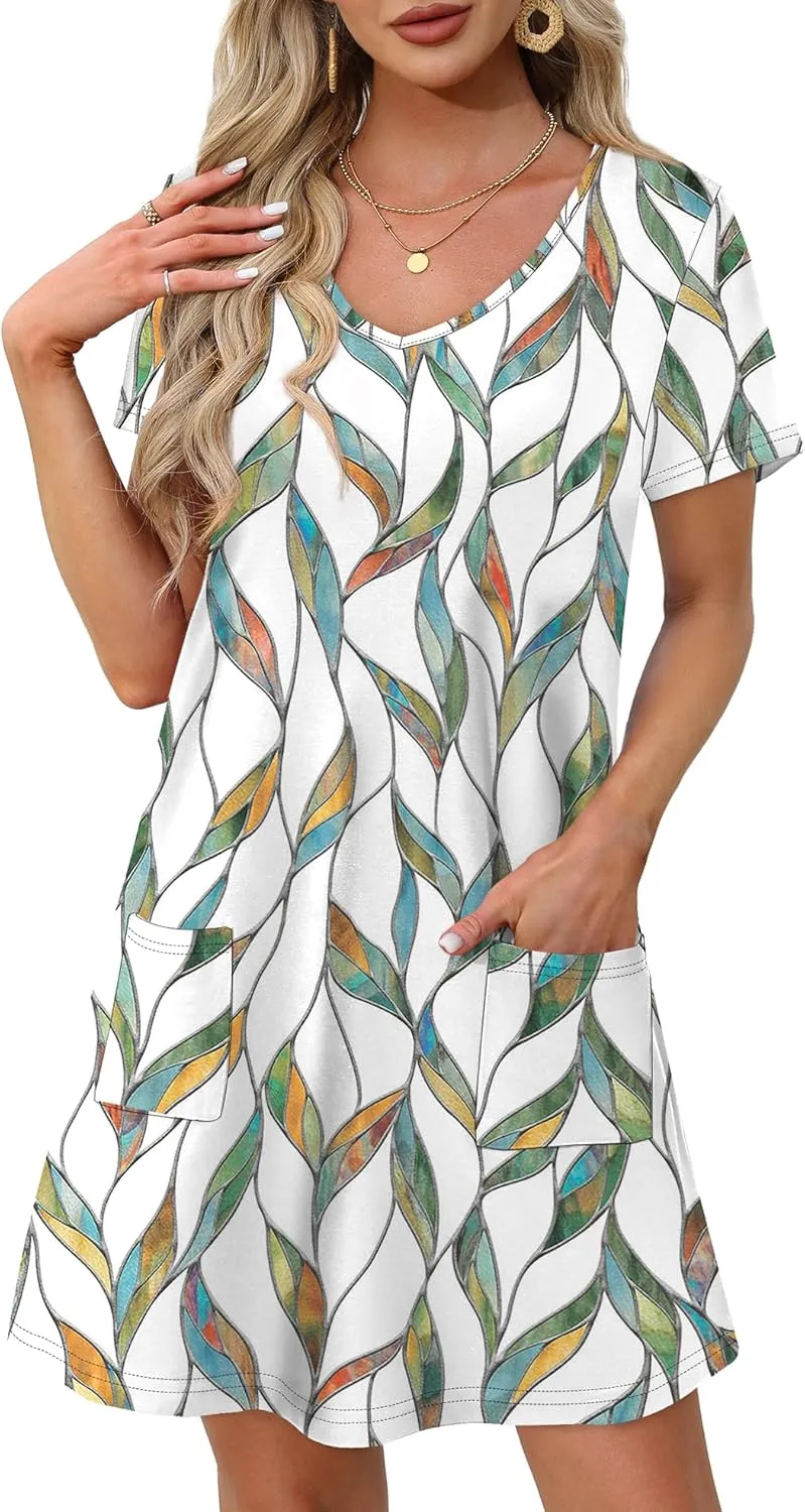 OFEEFAN Summer Dresses for Women 2025 Loose V Neck Short Sleeve Casual T Shirt Dress Sundresses Swimsuit Coverup with Pockets
