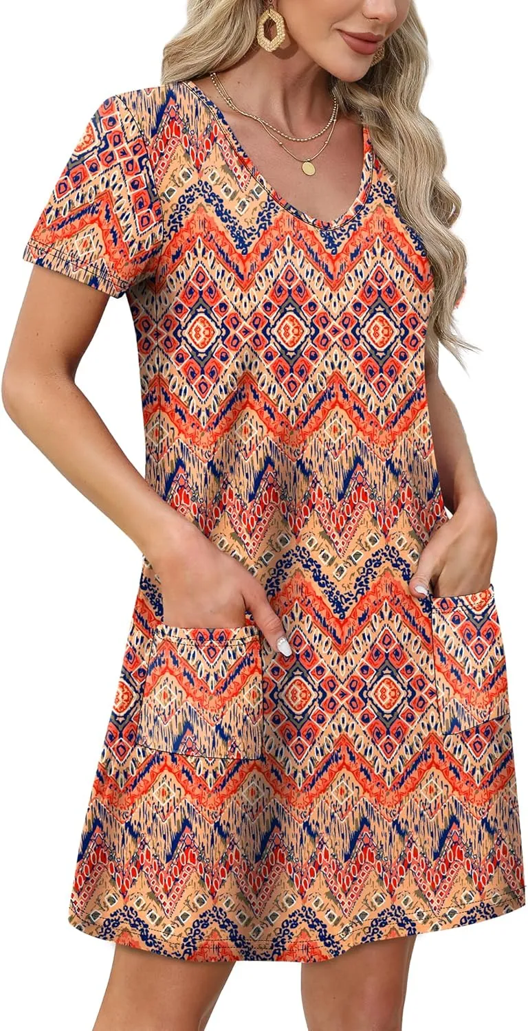 OFEEFAN Summer Dresses for Women 2025 Loose V Neck Short Sleeve Casual T Shirt Dress Sundresses Swimsuit Coverup with Pockets
