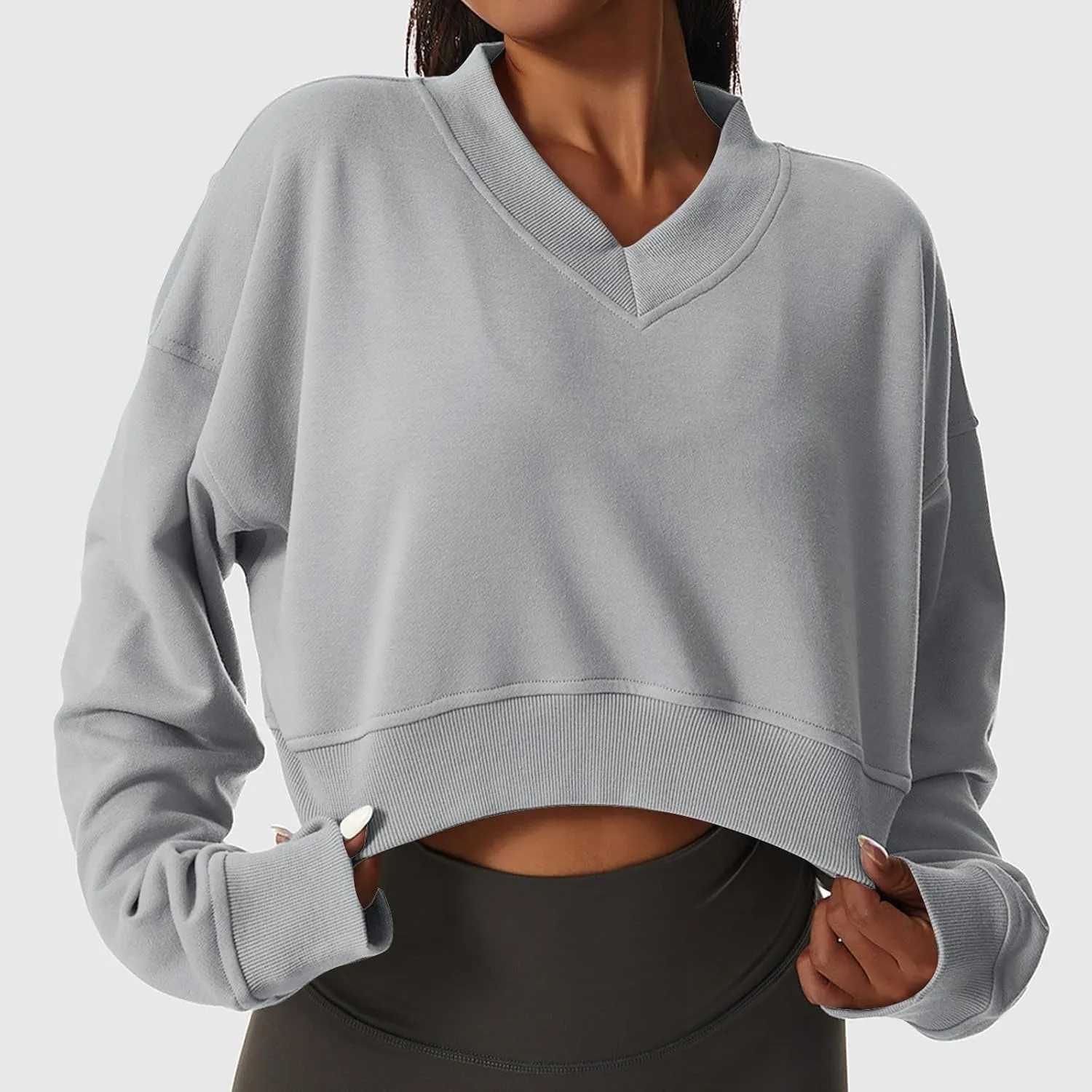 Oversized Sweatshirt Women Loose Fit v Neck Fleece Lined Cropped Shirts Drop Sleeve Solid Pullover Hoodies No Hood
