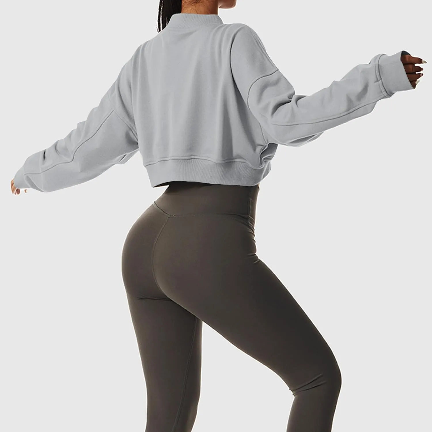 Oversized Sweatshirt Women Loose Fit v Neck Fleece Lined Cropped Shirts Drop Sleeve Solid Pullover Hoodies No Hood