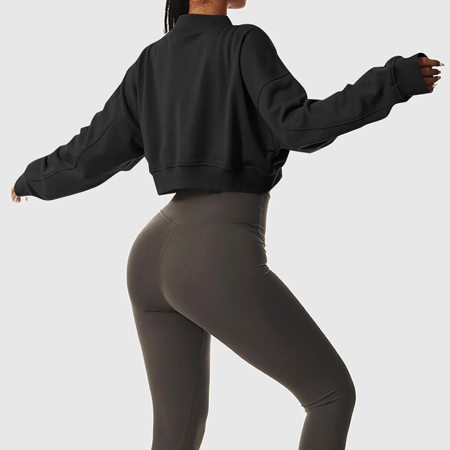 Oversized Sweatshirt Women Loose Fit v Neck Fleece Lined Cropped Shirts Drop Sleeve Solid Pullover Hoodies No Hood