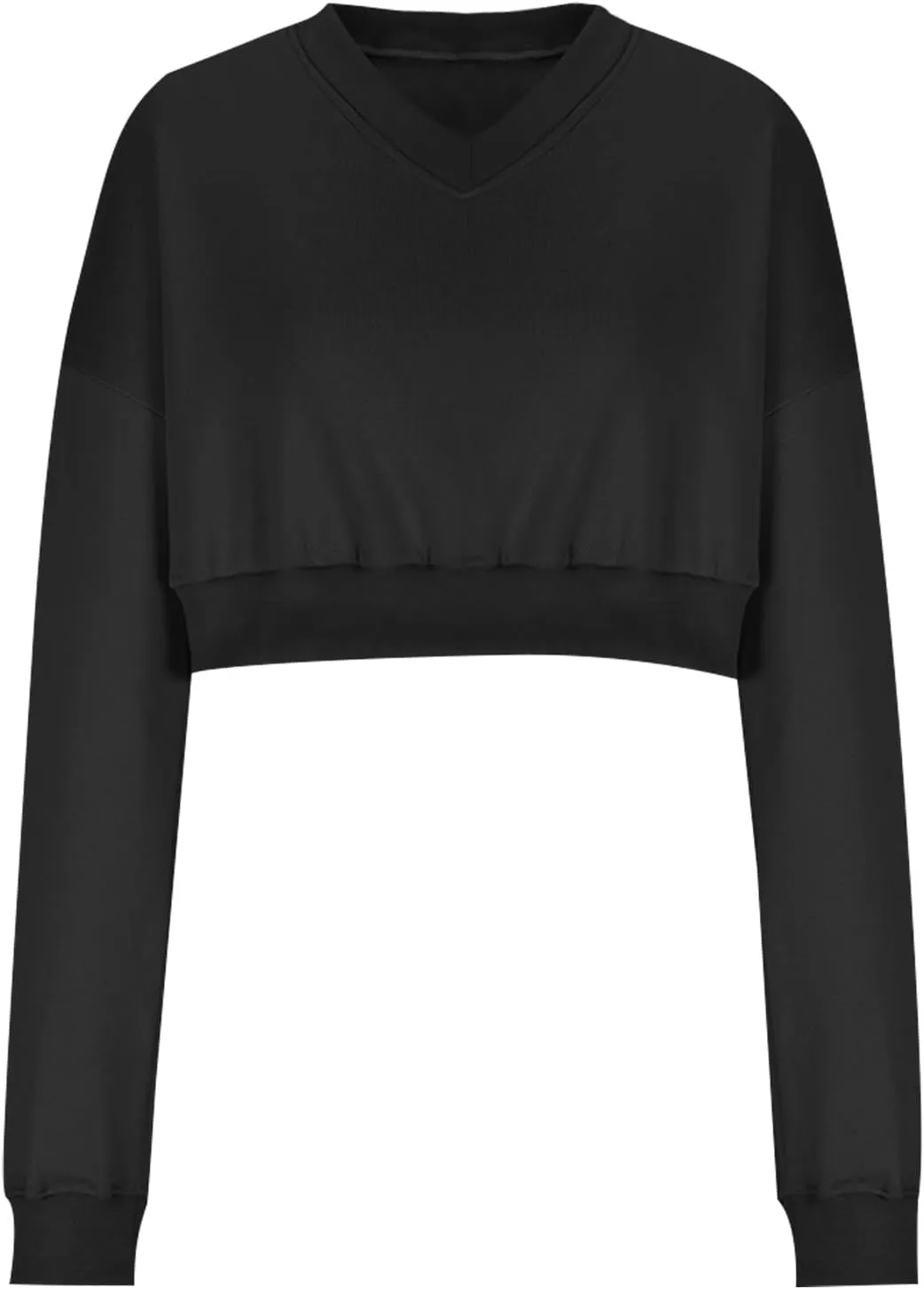 Oversized Sweatshirt Women Loose Fit v Neck Fleece Lined Cropped Shirts Drop Sleeve Solid Pullover Hoodies No Hood