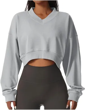 Oversized Sweatshirt Women Loose Fit v Neck Fleece Lined Cropped Shirts Drop Sleeve Solid Pullover Hoodies No Hood