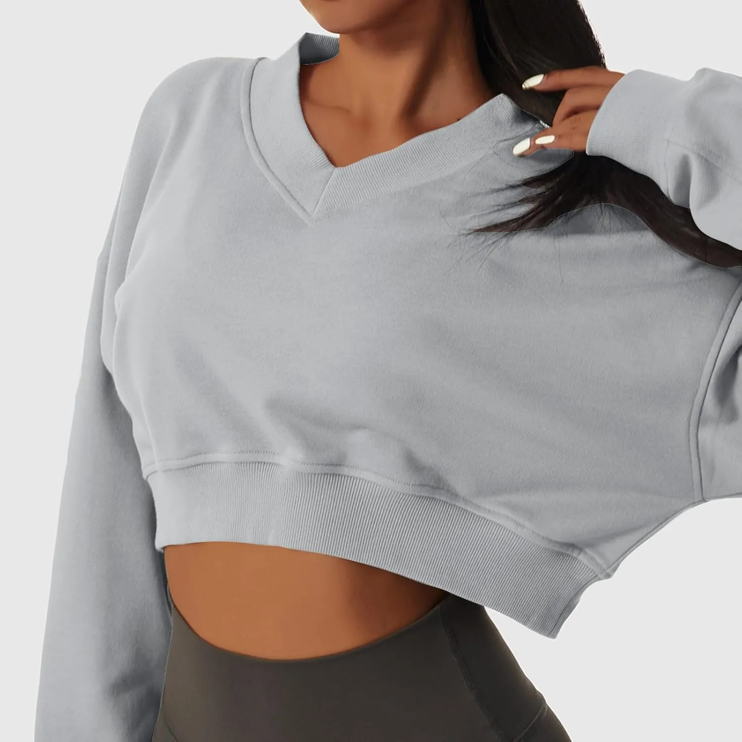 Oversized Sweatshirt Women Loose Fit v Neck Fleece Lined Cropped Shirts Drop Sleeve Solid Pullover Hoodies No Hood