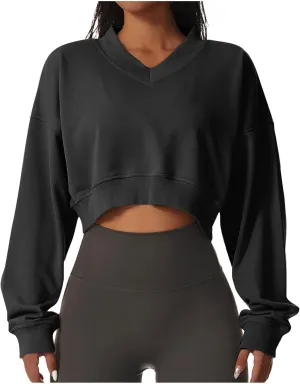 Oversized Sweatshirt Women Loose Fit v Neck Fleece Lined Cropped Shirts Drop Sleeve Solid Pullover Hoodies No Hood