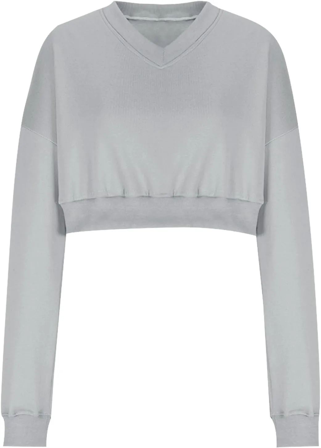 Oversized Sweatshirt Women Loose Fit v Neck Fleece Lined Cropped Shirts Drop Sleeve Solid Pullover Hoodies No Hood