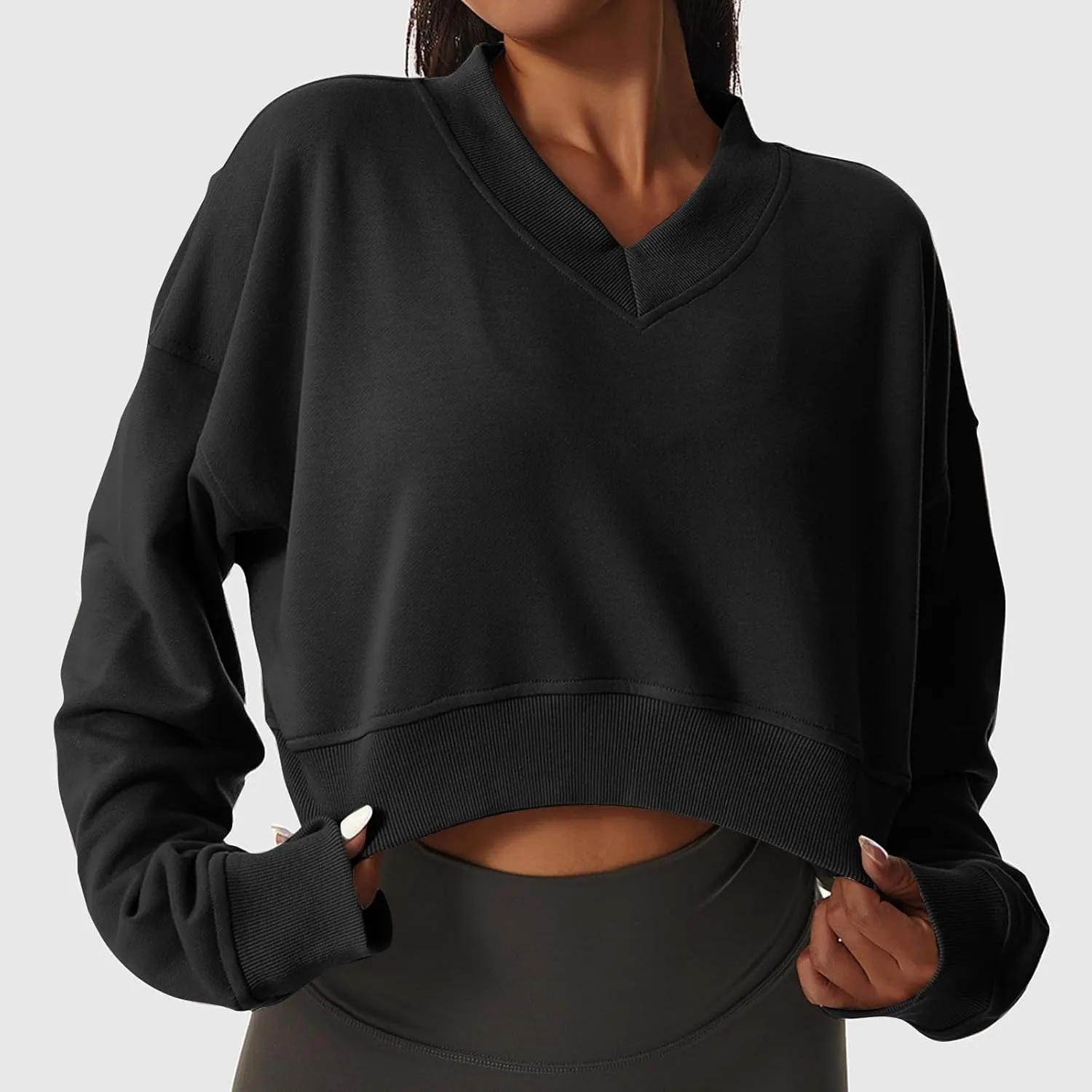 Oversized Sweatshirt Women Loose Fit v Neck Fleece Lined Cropped Shirts Drop Sleeve Solid Pullover Hoodies No Hood