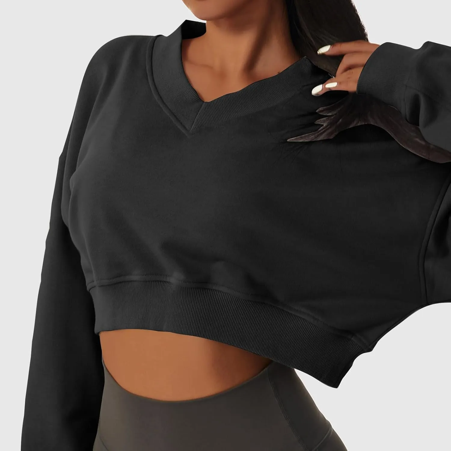 Oversized Sweatshirt Women Loose Fit v Neck Fleece Lined Cropped Shirts Drop Sleeve Solid Pullover Hoodies No Hood